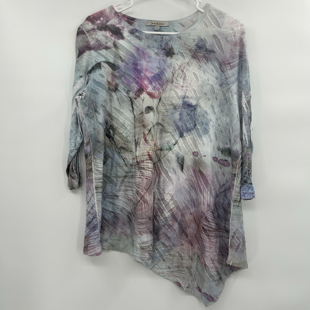 Jess & Jane Womens Watercolor 3/4 Sleeve‎ Asymmetrical Top Size L Artsy Whimsy